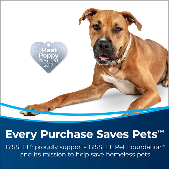 DeepClean Deluxe&trade; Pet Upright Carpet Cleaner. Dog with Heart Badge Meet Poppy Rescued 2017 Text: Every Purchase Saves Pets. BISSELL proudly supports BISSELL Pet Foundation and its mission to help save homeless pets.