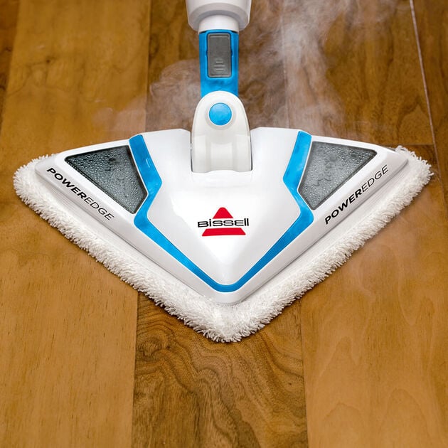 PowerEdge Lift-Off Steam Mop Showing Triangle Foot Up Close with Steam Coming Out