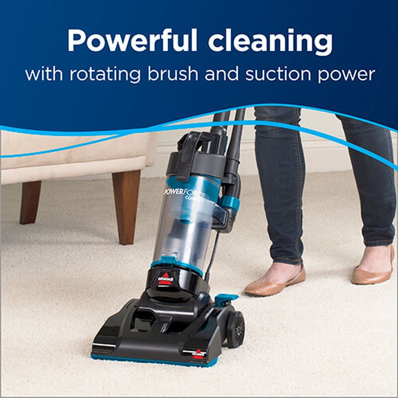 Woman Cleaning Carpet. Text: Powerful Cleaning with Rotating Brush and Suction Power.