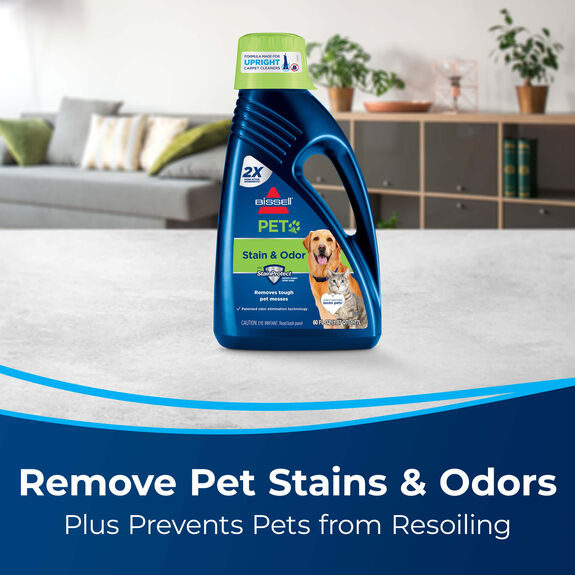 DeepClean Deluxe&trade; Pet Upright Carpet Cleaner PET Stain &amp; Odor Upright Carpet Formula Bottle. Text: Remove Pet Stains &amp; Odors. Plus Prevents Pets from Resoiling