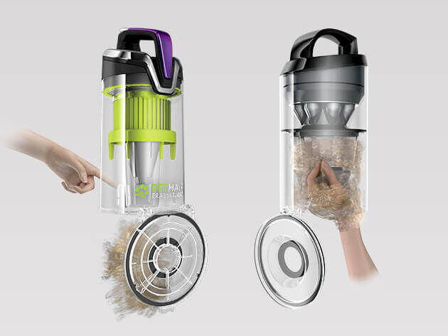 Pet Hair Eraser® Turbo Plus One Touch, Easy Empty Pet Hair Eraser® Turbo Plus Pet Hair Eraser Dirt Tank Emptied with push of button; Right Image Ordinary Vacuum with Hand reaching up into Dirt Tank