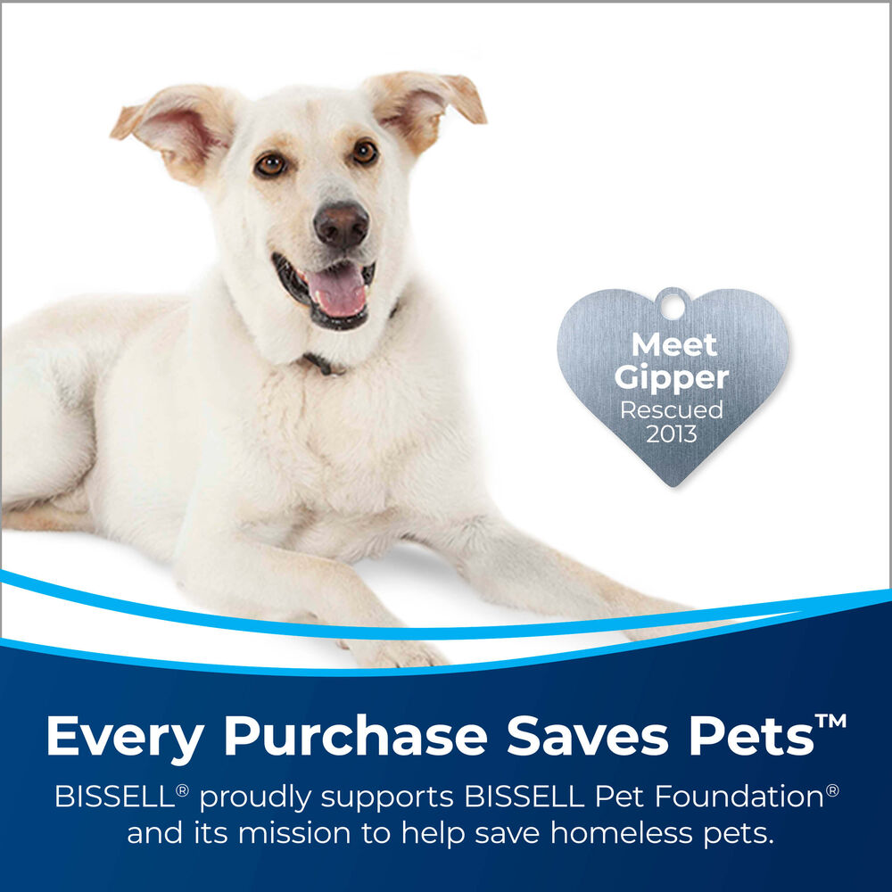 Steam Mop Select Steam Cleaner Dog with Heart Badge Meet Gipper Rescued 2013. Text: Every Purchase Saves Pets. BISSELL proudly supports BISSELL Pet Foundation and its mission to help save homeless pets. Expanded View