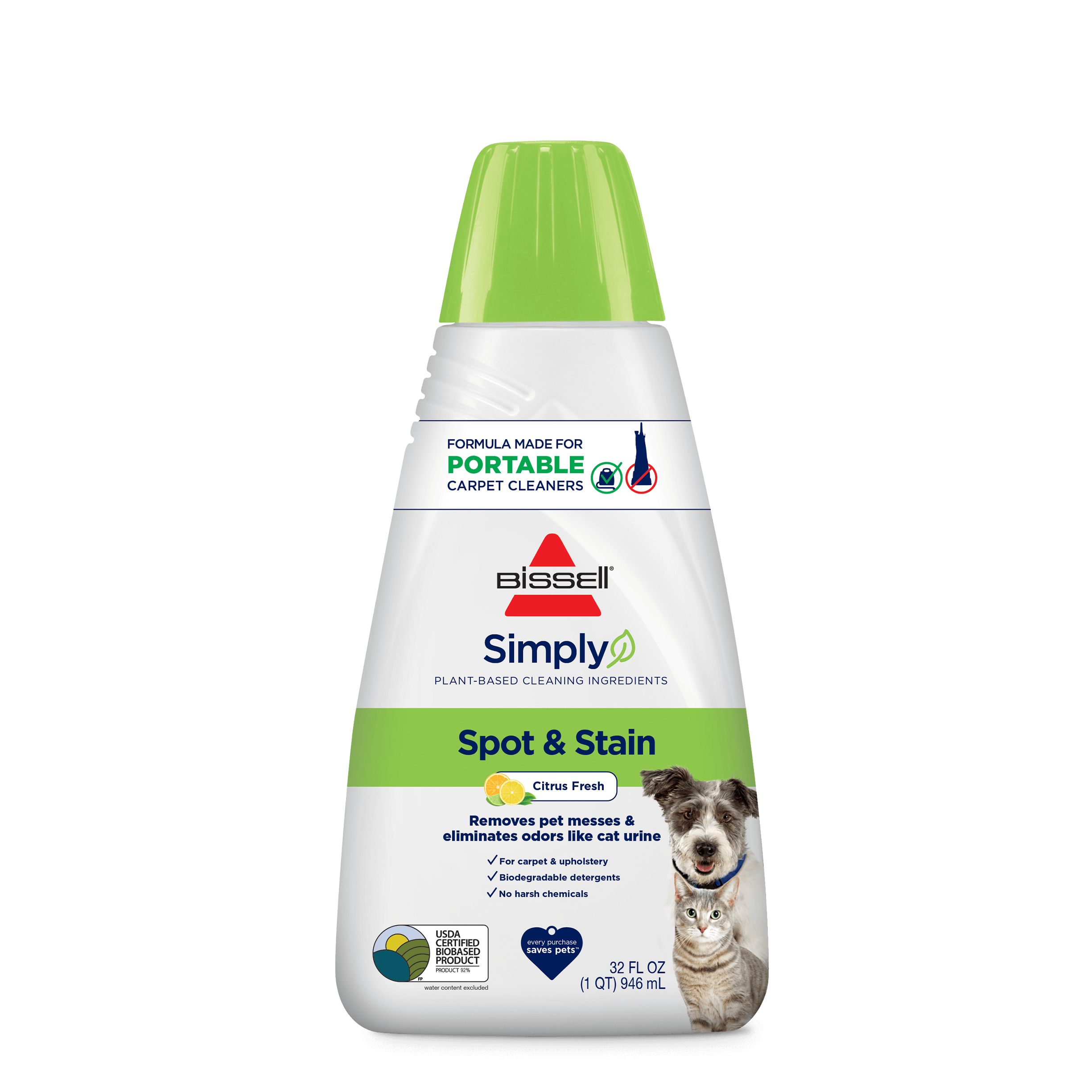 Solution de nettoyage de tapis portable pour animaux de compagnie Natural  Spot & Stain 1L Bissell